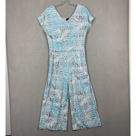 Clara Sun Woo Jumpsuit Wide Leg Crop Small Blue Tropical Palms Pockets - Picture 3 of 16